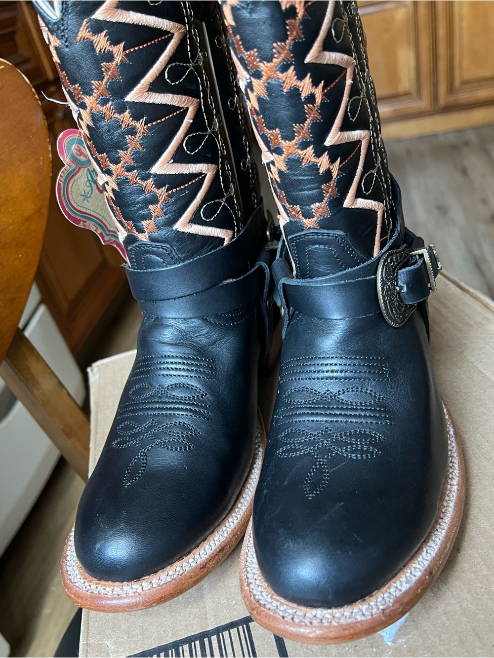 Tombstone Women's Black Leather Harness Cowboy Boots size7 embroidered NEW